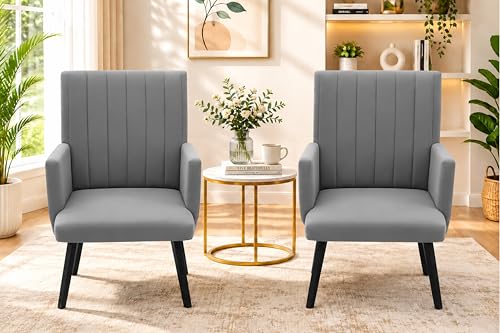 Image of Rosebell Modern Velvet Office Chairs Set of 2 with Armrests & Metal Legs | Upholstered High Back Leisure Chairs for Living Room, Bedroom, Office, Cafe & Dining Room | Grey