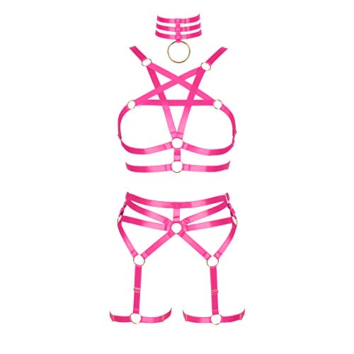 BBOHSS Arnés corporal para mujer con diseño de pentagrama, sujetador punk, liguero, cintura, elástico, gótico, accesorio carnival., Rosa rojo., Talla única