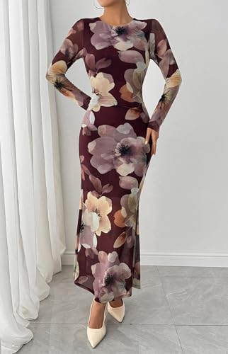 BTFBM Wedding Guest Dresses for Women Fall Fashion 2025 Bodycon Long Sleeve Boho Mesh Party Cocktail Floral Maxi Dress2