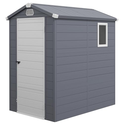 Outsunny 4 x 6ft Plastic Garden Storage Shed with Foundation Kit, Polypropylene Outdoor Storage Tool House with Ventilation Slots and Lockable Door, Grey