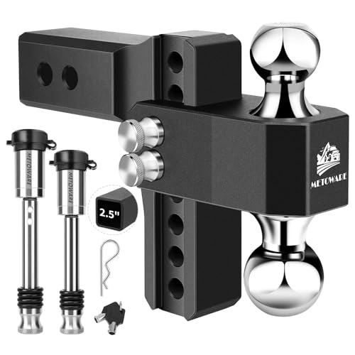 METOWARE Adjustable Trailer Hitch - Aluminum Tow Hitch Fits 2.5-Inch Receiver - Heavy Duty Drop Hitch with 6-Inch Drop/Rise for Truck (18,000 LBS GTW), Double Stainless Steel Locks & Hitch Pin (Black)