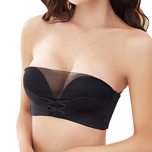 Strapless Bras For Women Large Bust Sheer Mesh Lingerie Strapless Buckle Front Tie Bra No Underwire Push Up Bra For Women Beauty Back Bandeau Tube Top Non-Slip Bra Black M #TOP2