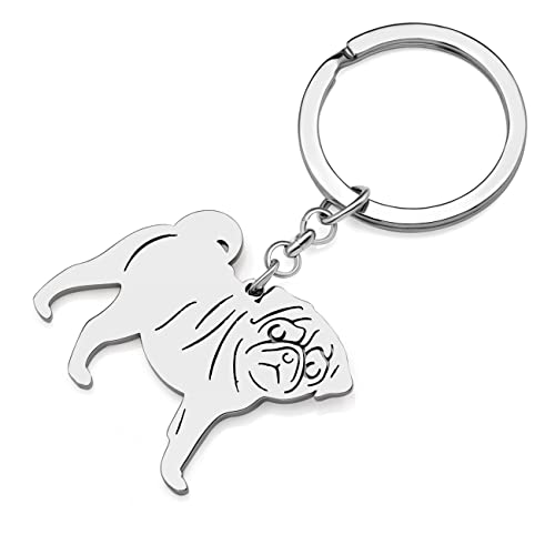 NEWEI Edelstahl Hund Schlüsselanhänger Cute Pet Hund Schlüsselanhänger für Frauen Mädchen Geldbörse Autoschlüssel Charms (Versilberter Mops)