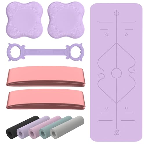 Tapis de Yoga Antidérapant et Epais，Tapis de Gymnastique avec Repères d’Alignement du Corps，TPE Tapis de Sport,Tapis d'Exercice pour Pilates Fitness Méditation Entraînement，Yoga Mat，183 x 68cm，Violet