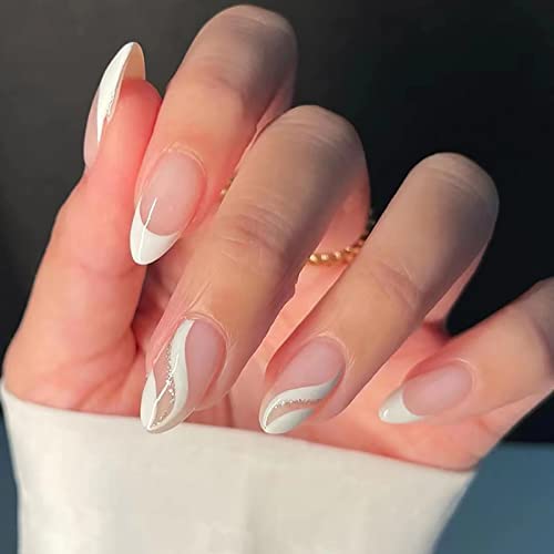 Ezpieces French Tip Press on Nails Short with Swirls Designs, Natural&Simple Fake Nails Almond Shaped with Glue, Acrylic Glue on Nails for Women/Daily/Party, 24PCS/Set(White Swirls)