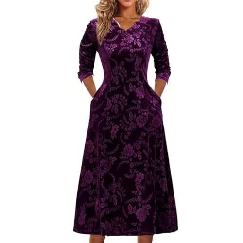 Akivide Women's 2024 Fall Velvet Long Sleeve Midi Dress Elegant Evening Party Flowy Slim Fit Formal Dresses for Women