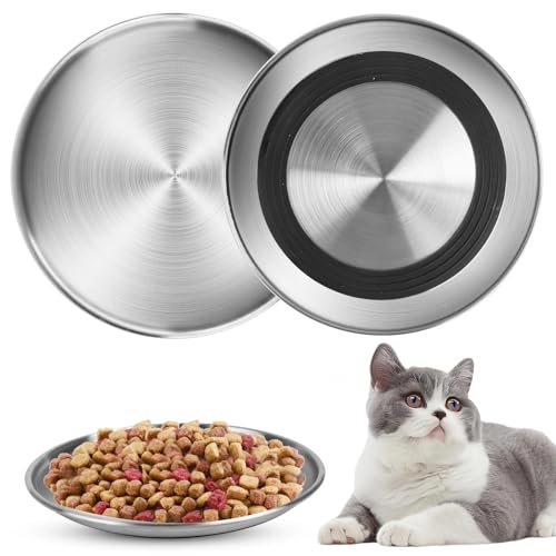 Ciotola per gatti, 2 pezzi, in acciaio inox, piatto con fondo in gomma antiscivolo, 17 cm, anti-whisker fatigue, set di stoviglie per gatti e piccoli animali