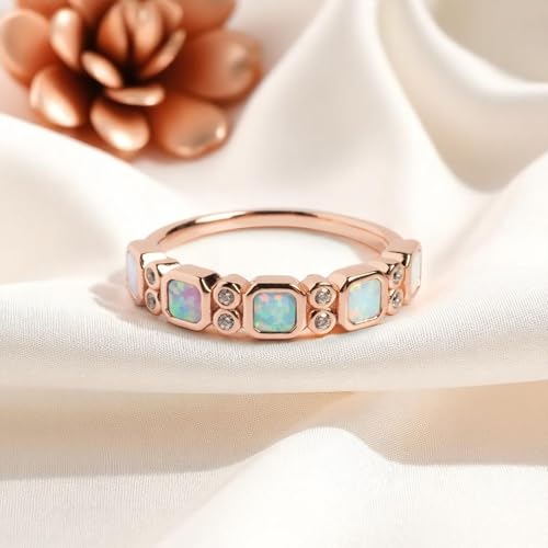 Ethiopian Opal Ring in 14K Rose Gold with White CZ Side Stones – Square Cut Gemstone Stacking Band | October Birthstone Ring Gift for Her Personalized Opal3