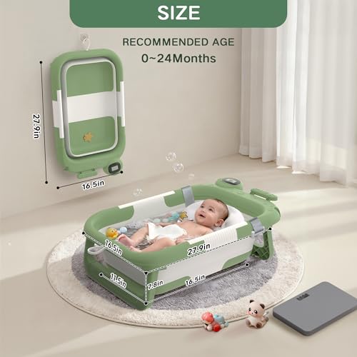 Image of Foldable Baby Bathtub for Newborn to Toddler (0-24 Months), Portable Baby Bath Tub for Travel, Collapsible Baby Tub with Soft and Supportive Cushion (Astronaut-Green)
