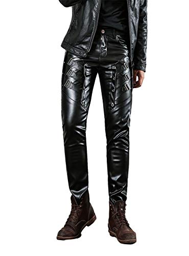 Men`s Black Party Stage Performance Slim Fit Biker Faux Leather Pants