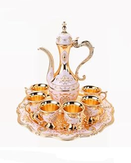 Vintage Turkish Tea Set with Tray and 6 Cups Retro Coffee Pot Cups Set Exquisite Wine Pot Set Decorative Vintage Tea Service Set for Home Party Decor (Golden White)
