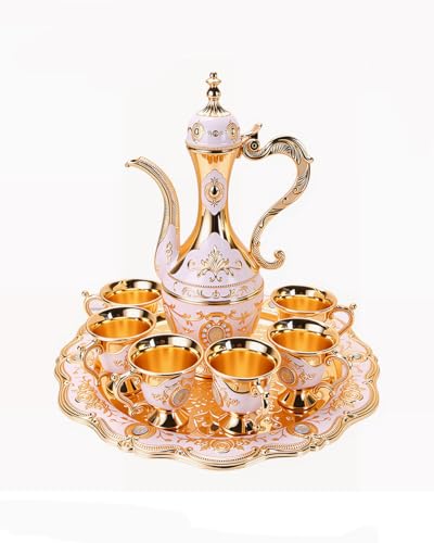Vintage Turkish Tea Set with Tray and 6 Cups Retro Coffee Pot Cups Set Exquisite Wine Pot Set Decorative Vintage Tea Service Set for Home Party Decor (Golden White)