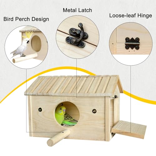 Image of HiCaptain Bird Nesting Box Wooden Cockatiel Breeding Nest for Cages, Large Parakeet Nest Box Lovebird House Budgie Breeding Box (Wood)