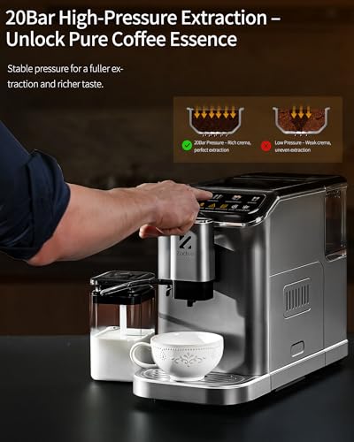 ZACHVO Kaffeevollautomat mit Milchbehälter, 20 Bar, 15-stufiges Mahlwerk, Touchscreen, PID-Temperaturkontrolle, Automatische Reinigung, 7 Getränke auf Knopfdruck – Latte, Cappuccino & mehr,Kompakt – Bild 4