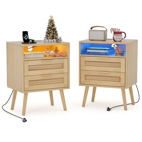 BonVache Rattan Nachttisch 2er Set, Mit LED-Leuchten und Steckdosen,...
