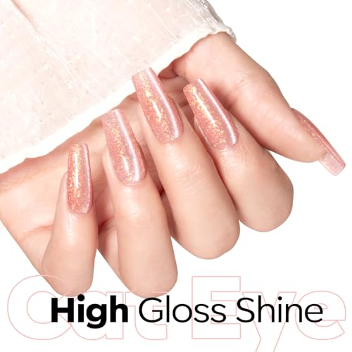 Image of modelones Nude Cat Eye Pink Gel Polish 9D Cateye with Magnet Gold Glitter Gel Nail Polish Shimmer U V Soak Reflective Translucent Jelly Gel Magnetic Nail Polish 15 ML