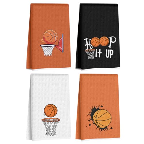 Image of 4 Pcs Basketball Hand Towels for Bathroom 24x14 Inch, Basketballs Gifts Reusable Dish Towels for Kitchen Bathroom Home Decor, Waffle Weave Hand Cloth Tea Towel, Basketball Lover Gifts for Women Friend
