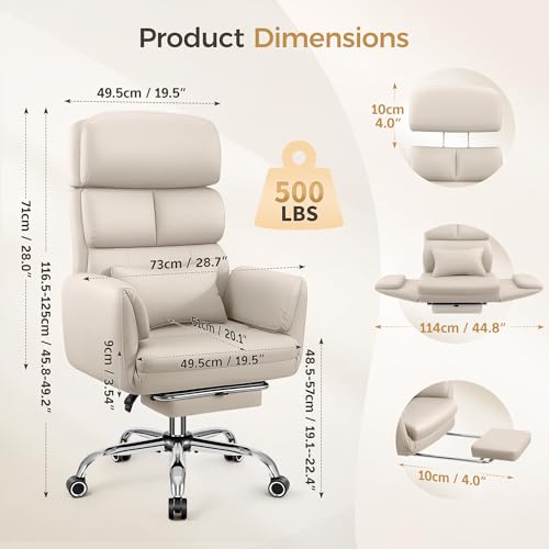 Image of Big and Tall Office Chair 500LBS, Ergonomic High Back Leather Executive Chair, Reclining Swivel with Adjustable Armrests Lumbar Support Footrest, Cross Legged, Beige