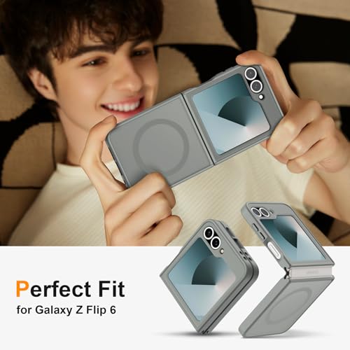 Image of ORETECH Magnetic for Samsung Galaxy Z Flip 7 FE Case Galaxy Z Flip 6, with [2 x Screen Protector] Translucent Back Non-Slip Shockproof Bumper Case for Galaxy Z Flip 7FE / 6 - Grey