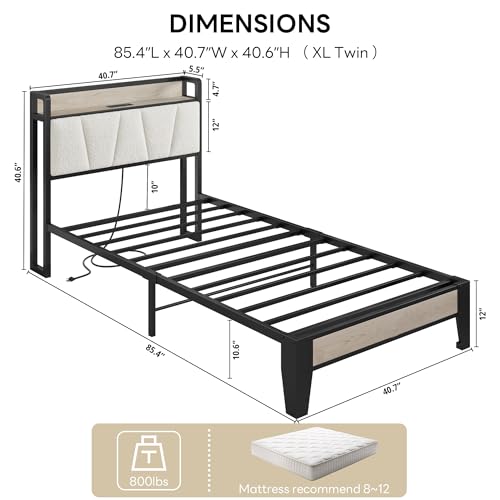 Image of LIKIMIO Twin XL Bed Frames, Boucle Storage Headboard with Charging Station, Solid and Stable, Noise Free, No Box Spring Needed, Easy Assembly