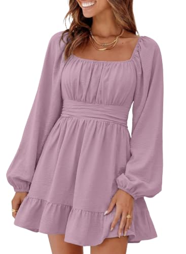 Dokotoo Spring Dresses for Women 2026 Square Neck Tie Backless Sexy Dress Lantern Long Sleeve Spring Outifits Ruffle A-Line Beach Dresses Casual Elastic Waist Mini Dress Large Purple