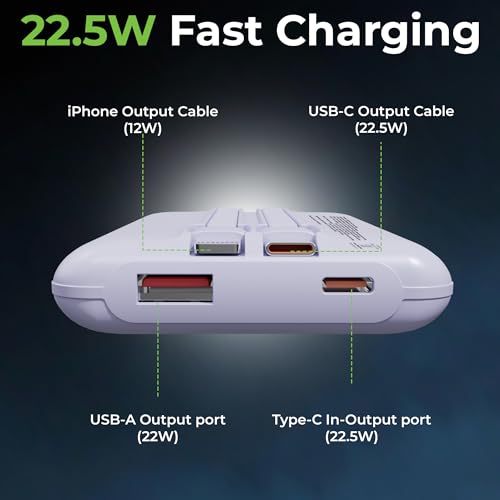 Image of UltraProlink Power Bank 10000mah Fast Charging|16.8mm Slim|22.5W QC-PD-PPS Fast Charging Battery Bank|with USB-C & iPhone Cable|Digital Display|Power Bank for Tablets & Smartphones| Lily |UM1127