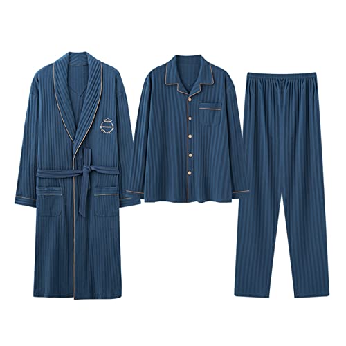 GHYUBYER Men's Cotton Robe 3-Pack Lightweight Long-Sleeved Pants Pajama Set, Soft Bathrobes for Spa and House (Color : Style 5, Size : X-Large)