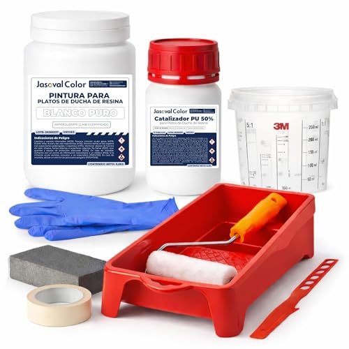 Jasoval Color Pintura para Plato de Ducha de Resina Antideslizante - Kit Completo con Herramientas para Reparar Plato de Ducha sin Obras - (Blanco, 0,75 kg)