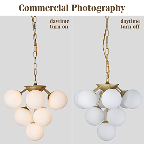Modern 10-Lights Milk Opal Glass Globe Sputnik Chandelier, Satin Brass Molecule Magic Bean Shape Of Grape Kitchen Island Pendant Light Fixture, Gold Mid Century Ceiling Hanging Light For Living Room #TOP1