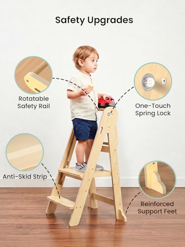 Image of Grownsy Foldable Step Stool Toddler Tower, Toddler Kitchen Stool Helper, Collapsible Kids Standing Tower with 3 Adjustable Heights for Kitchen Bathroom Sink Counter (Natural)