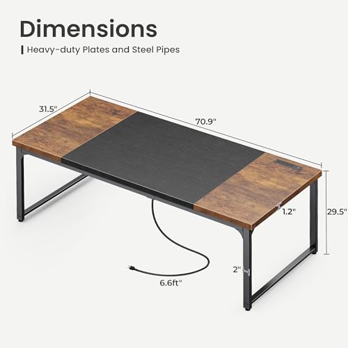 Huuger 71 x 31.5 Inch Desk with Power Outlets & USB-C, 1.2 Inch Thicker Desktop, Robust Metal Tubes, Deep Computer Desk, Heavy Duty Office Desk, Work Desk, Rustic Brown and Black