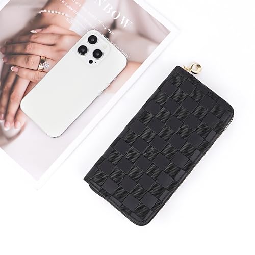 Checkered Zip-Around Wallet for Women, Faux Leather Credit Card and Cash Holder, Long Clutch Phone Purse, Black4