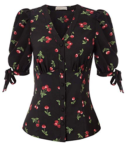 Belle Poque Women's V Neck Puff Sleeve Blouse Vintage Shirts for Women 1950s