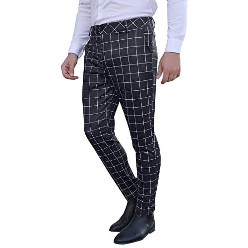 Men's Business Pants Skinny Fit Plaid Flat-Front Stretch Slim Stylish Casual Golf Dress Pants Black #TOP6