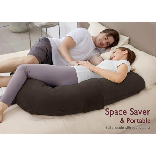 Image of J-Shaped Sleeping Pregnancy Pillow| Removable Velvet Covers| PregnoCare Fibres| Baby Shower Gift, Maternity, Nursing| Full Body Soft-Support Bump, Head, Back, Shoulder, Hips, Legs and Belly (Brown)