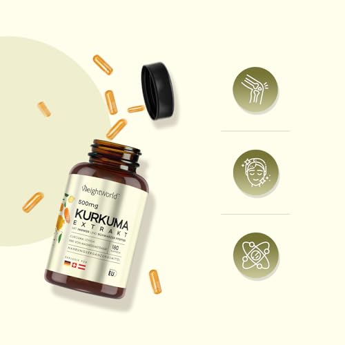 Kurkuma Extrakt Kapseln - 500mg Curcuma Extrakt - 180 Stück für 6 Monate - Curcumin mit 20mg Ingwer & 600mg schwarzem Pfeffer - 1 Kapsel täglich - Kurkumin - WeightWorld