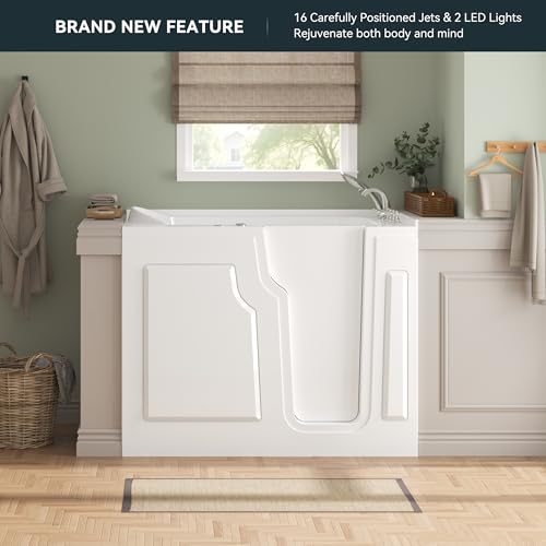 FerdY Floridian 55"x33" Walk-in Whirlpool Bathtub with 16 Water SPA Jets and Right-Side Door Opening and Quick Fill and Drain System, Rectangular Soaking Jetted Bath Tub in White with LED Lights - Image 3