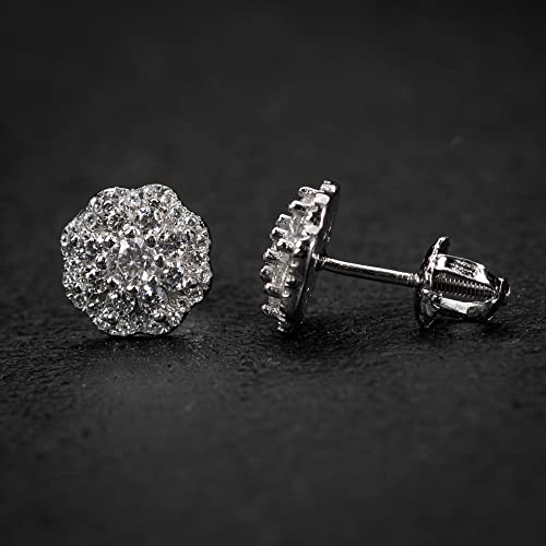 White Gold Rhodium 925 Sterling Silver Unisex Hypoallergenic Iced Cz Round Flower Cluster Hip Hop Round Honey Comb Set Screw Back Stud Earrings For Men And Women4