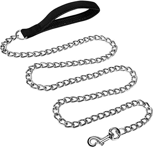 JuWow Metal Dog Leash, Heavy Duty Chew Proof Pet Leash Chain with Padded Handle for Large & Medium Size Dogs (3.0mm x 4 Foot, Black)