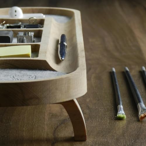 Image of Wooden Desk Organizer with Phone Stand, Multi-Compartment Stationery Holder, Natural Wood Finish (STYLE-5)