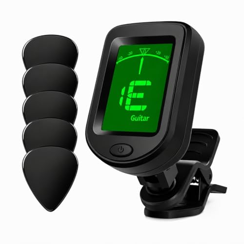 Muso Pro Clip On Guitar Tuner 5 Free Picks and Battery Chromatic Tuner Electric Guitar Tuner and Acoustic Guitar Tuner Chromatic Ukulele Tuner for Guitar Accessories and Bass Violin.