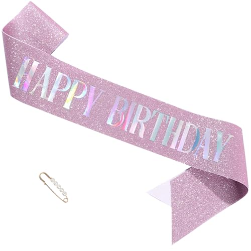 "Happy Birthday" Glitter Sash with Pearl Pin for Women Girls Party Supply Favors (2 Pink)
