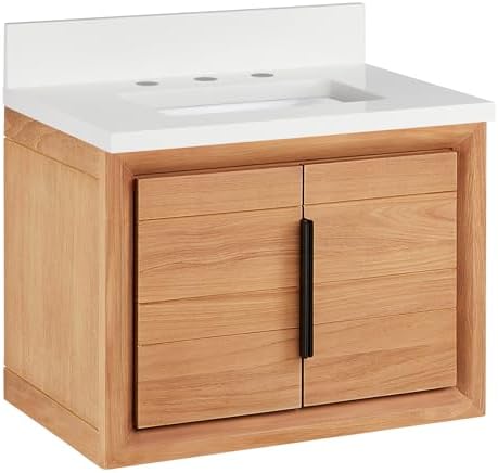 Signature Hardware 955225-24-rumb Aliso 24" Wall Mount Teak Single Basin Vanity Set with Cabinet, Vanity Top, and Rectangular Undermount Sink - 8" Faucet Holes - Natural Teak/Arctic White