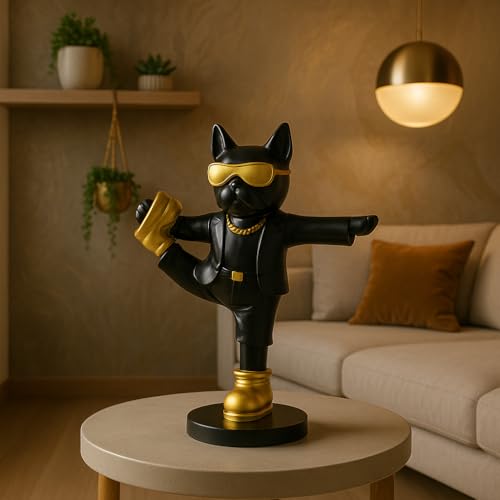 Image of Xtore Fashion Cat Figurine | Black Suit Gold Sunglasses Decor | Unique Home Office Decor | Novelty Statue | Modern Desk Shelf Accessory - Black