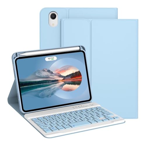Étui clavier amovible pour iPad Mini 7/6 avec porte-crayon intégré cuir bleu ciel