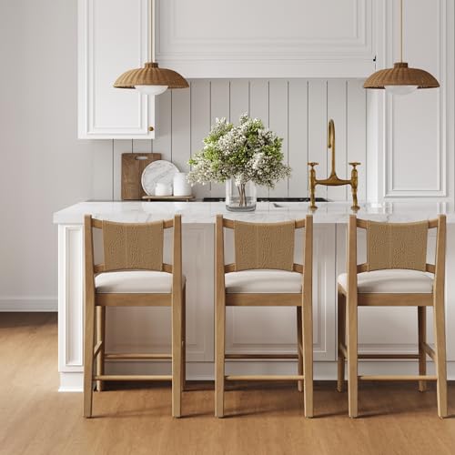 Image of Nathan James Elodia Boho Counter Height Bar Stool with Back, Woven Seagrass Backrest and Solid Wood Frame, Light Brown