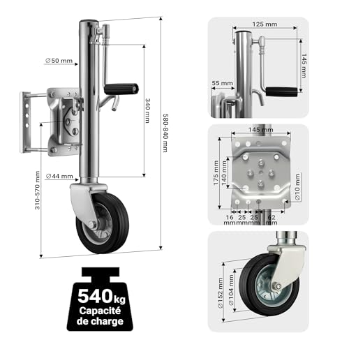 Roue jockey avec support charge d'appui 540kg structure en acier galvanisé - 3