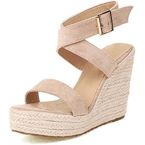 Lhamo Latso Women's High Heel Platform Espadrille Wedge Sandals Open Toe With Faux Leather Upper Cross Ankle Adjustable Buckle Strap Non Slip Soles, Size 8.5 Nude Cover