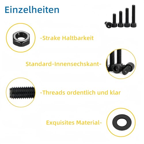 WZHUIDA 660 Stück M2 Schrauben Set, Schwarz Metrisch Zylinderkopfschrauben Innensechskant Schrauben Muttern und Unterlegscheiben Sortiment Set, Gewindemaschinen Sechskantschrauben
