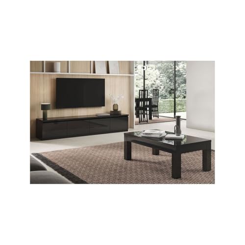 AltoBuy DEYTON - Ensemble Salon Laqué Noir Meuble TV 4 Portes + Table Basse 127cm